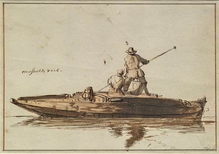 Two men mussel-fishing from a boat